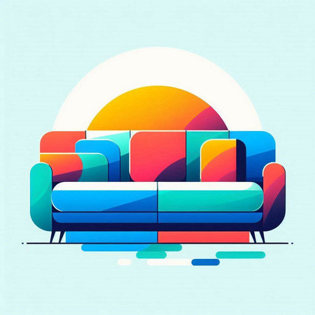 Vector illustration of modern sofa in flat style with sun on background.のイラスト素材