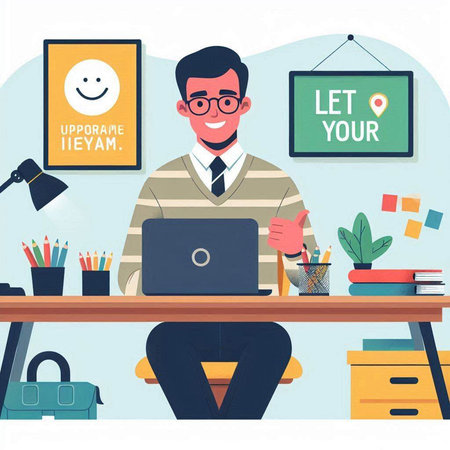 Freelance man working on laptop at home office. Freelance concept. Vector illustrationのイラスト素材