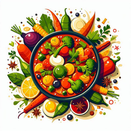 Vegetable salad in a frying pan. Vector illustration on white background.のイラスト素材