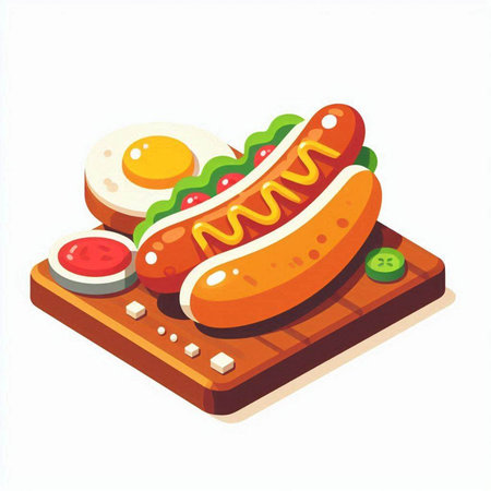 Isometric fast food vector illustration. Hot dog with ketchup, mustard, fried egg and ketchup on wooden board.のイラスト素材
