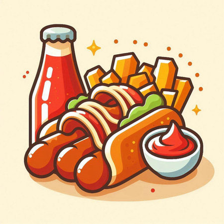 Fast food vector illustration. Hot dog, french fries and ketchup.のイラスト素材