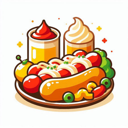 Illustration of hot dogs with sauces and mayonnaise on white backgroundのイラスト素材