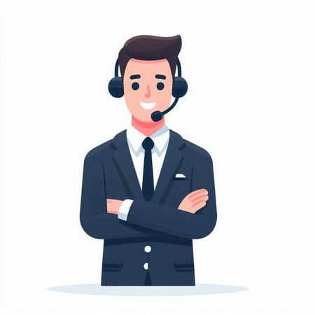 Businessman in a suit with a headset. Vector illustration in cartoon style.のイラスト素材