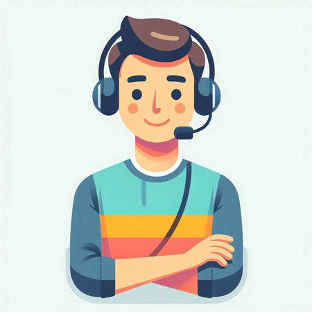 Young man with headphones. Vector illustration in flat style. Man in headphones.のイラスト素材