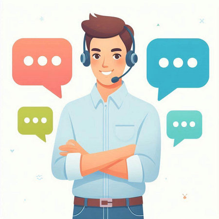 Vector illustration of customer support operator with headset and speech bubbles on white backgroundのイラスト素材