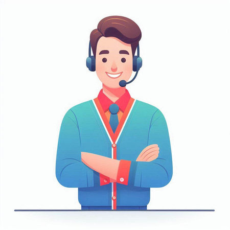 Smiling customer support operator in headset. Vector illustration in cartoon styleのイラスト素材