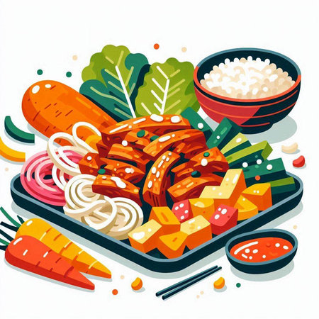 Illustration of a plate of spicy pork ribs with vegetables and riceのイラスト素材
