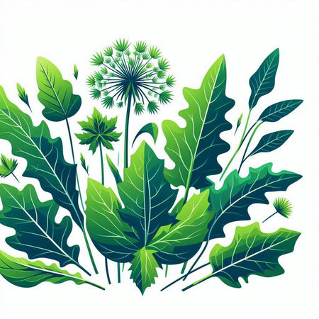 Vector illustration of a dandelion with green leaves on a white backgroundのイラスト素材