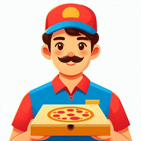Illustration of a pizza delivery man holding a pizza box on a white backgroundのイラスト素材
