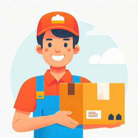 Smiling delivery man in uniform holding cardboard box. Vector illustration.のイラスト素材