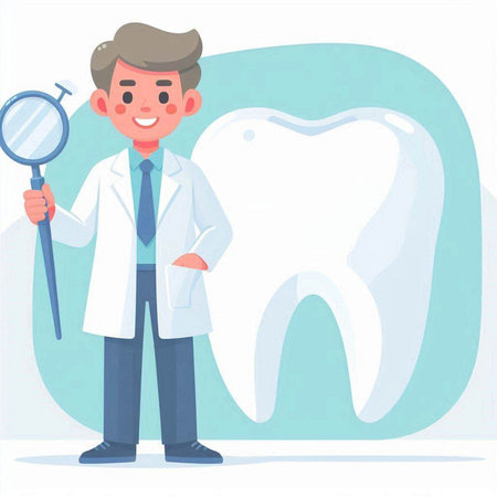 Dentist with magnifier and tooth. Vector illustration in cartoon styleのイラスト素材