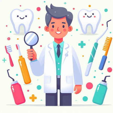 Dentist man with stomatology tools. Vector illustrationのイラスト素材