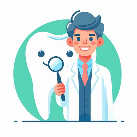 Dentist with tooth and magnifying glass. Vector illustration in cartoon styleのイラスト素材