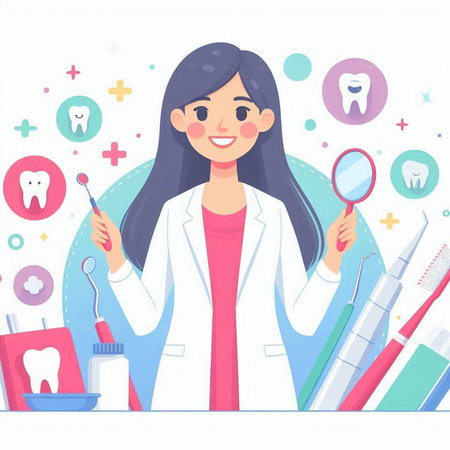 Dentist woman with dental tools. Vector flat cartoon illustration.のイラスト素材