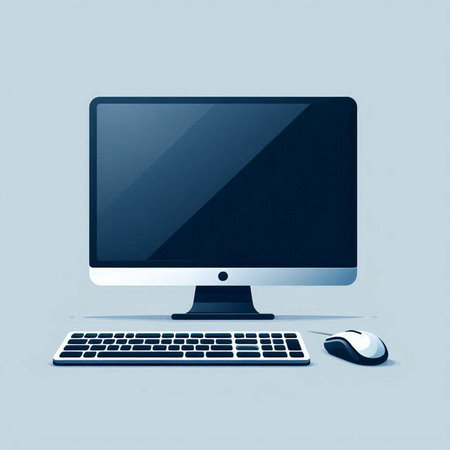 Computer monitor with keyboard and mouse on blue background. Vector illustration.のイラスト素材