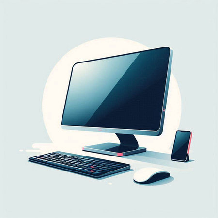 Computer monitor, keyboard and mouse on white background. Vector illustration.のイラスト素材
