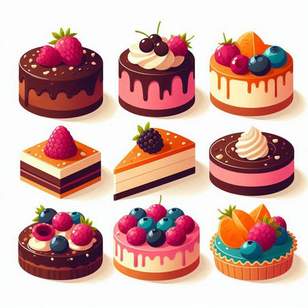 Set of different cakes with berries. Vector illustration in cartoon style.のイラスト素材