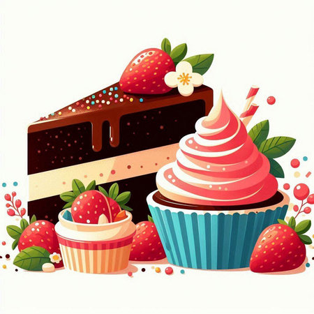 Vector illustration of delicious cakes and cupcakes with cream and strawberries.のイラスト素材