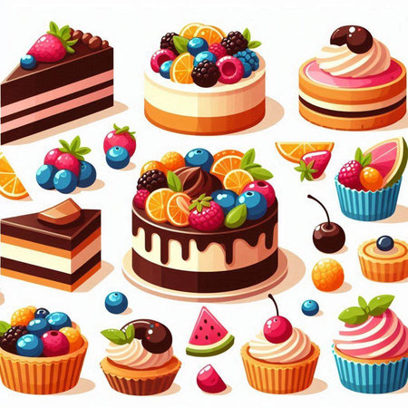 Set of different cakes with berries and fruits. Vector cartoon illustration.のイラスト素材