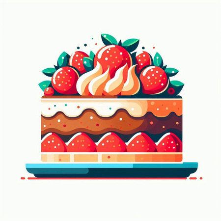 Cake with strawberries and cream. Vector illustration in flat style.のイラスト素材