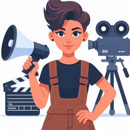 Cinema director girl with megaphone. Vector illustration in cartoon styleのイラスト素材