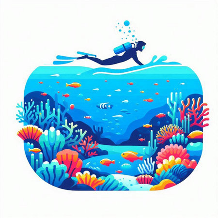 Vector illustration of a scuba diver in the sea. Underwater world.のイラスト素材