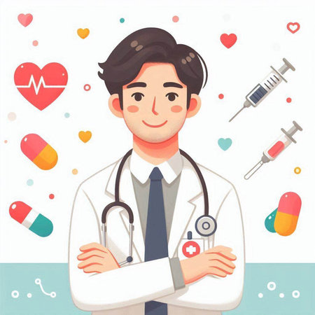 Cartoon doctor with stethoscope and syringe. Vector illustrationのイラスト素材