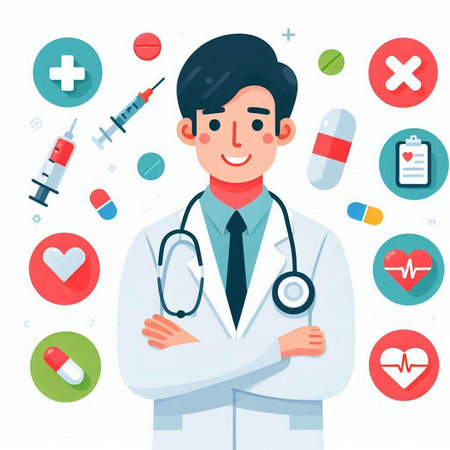 Doctor with stethoscope and medical icons. Vector illustration in flat styleのイラスト素材