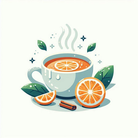 Cup of tea with orange, cinnamon and leaves. Vector illustration.のイラスト素材