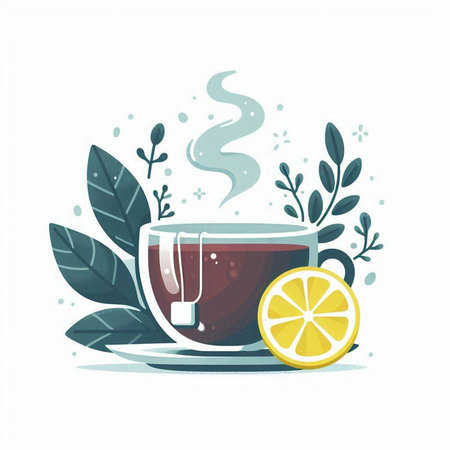 Cup of tea with lemon and leaves. Hand drawn vector illustration.のイラスト素材