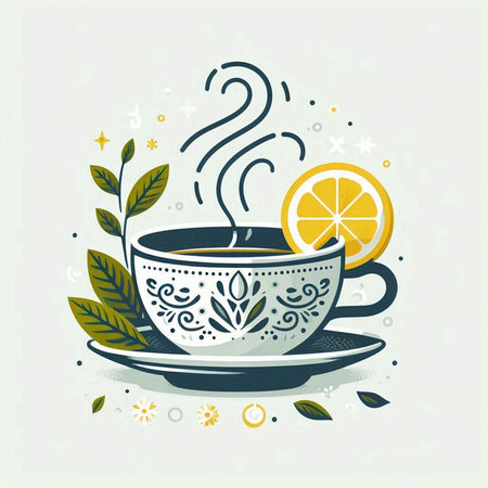 Cup of tea with lemon and leaves. Hand drawn vector illustration.のイラスト素材