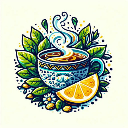 Cup of tea with lemon and leaves. Vector hand drawn illustration.のイラスト素材