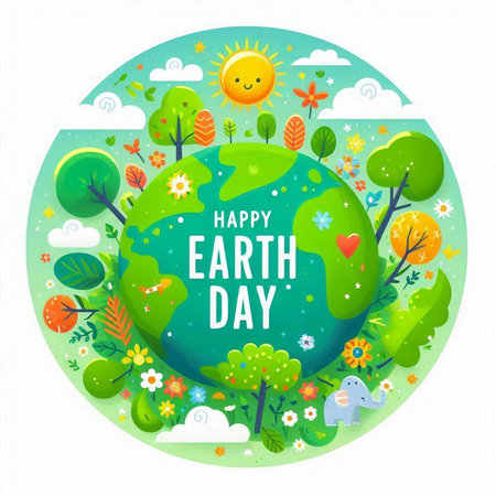 Happy Earth Day greeting card with green planet and trees. Vector illustration.のイラスト素材