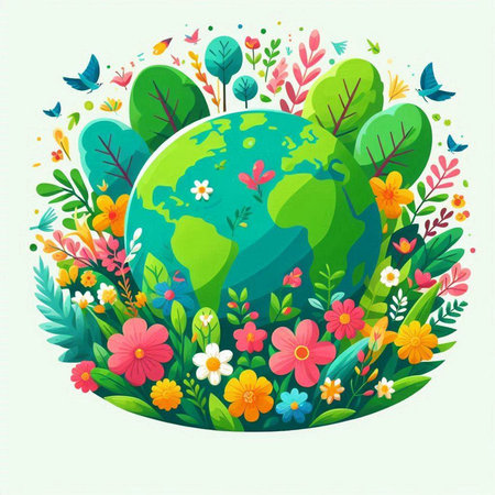 Ecology concept. Green planet with flowers and butterflies. Vector illustration.のイラスト素材