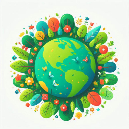 World environment day concept with green planet and flowers. Vector illustration.のイラスト素材