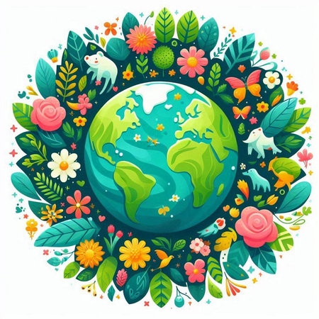 Vector illustration of Earth planet with flowers and butterflies on white background.のイラスト素材