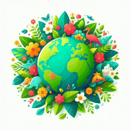 Ecology background with world globe and green leaves. Vector illustration.のイラスト素材
