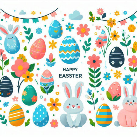 Happy Easter background with colorful eggs, bunny and flowers. Vector illustration.のイラスト素材