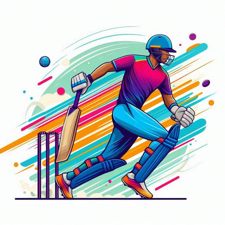 Cricket player batsman in action. Vector illustration. Colored background.のイラスト素材