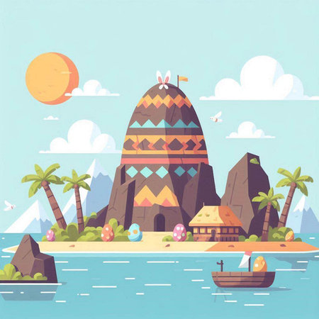 Vector illustration of a cartoon landscape with an ancient temple on the beachのイラスト素材