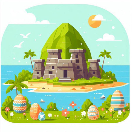 Vector illustration of an island with a castle, palm trees and eggs.のイラスト素材
