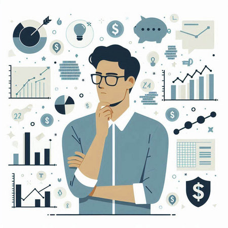 Thoughtful businessman with hand on chin. Vector illustration in flat styleのイラスト素材