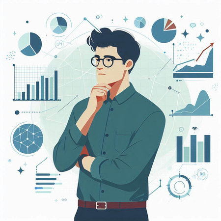 Thoughtful young businessman in glasses with hand on chin. Vector illustration.のイラスト素材