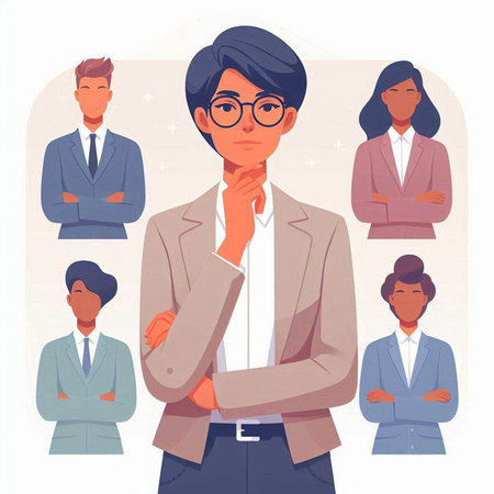 Pensive businesswoman with group of people on white background. Vector illustration.のイラスト素材
