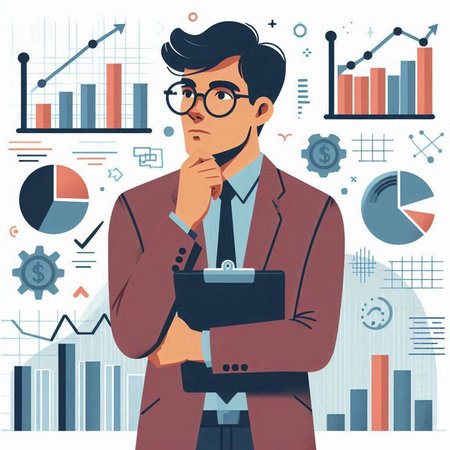Vector illustration of a young man in a business suit and glasses is thinking.のイラスト素材