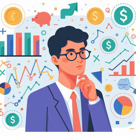 Businessman thinking about money. Vector illustration in flat cartoon style.のイラスト素材