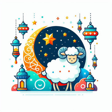 Ramadan Kareem greeting card with sheep and moon. Vector illustrationのイラスト素材