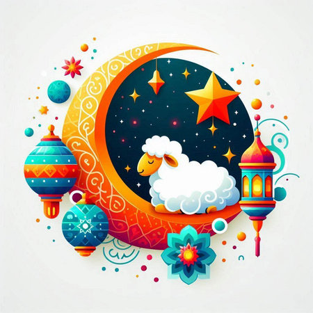 Ramadan Kareem Greeting Card with Lanterns and Cloudsのイラスト素材