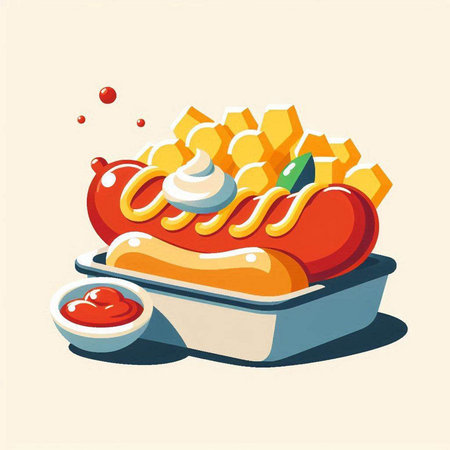 Illustration of hot dog with french fries, ketchup and mayonnaiseのイラスト素材