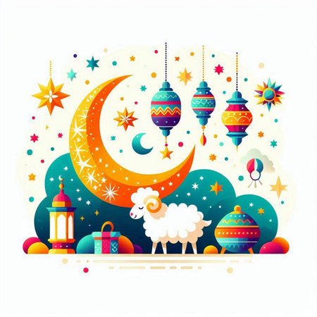 Ramadan Kareem greeting card with sheep, moon and lanternsのイラスト素材